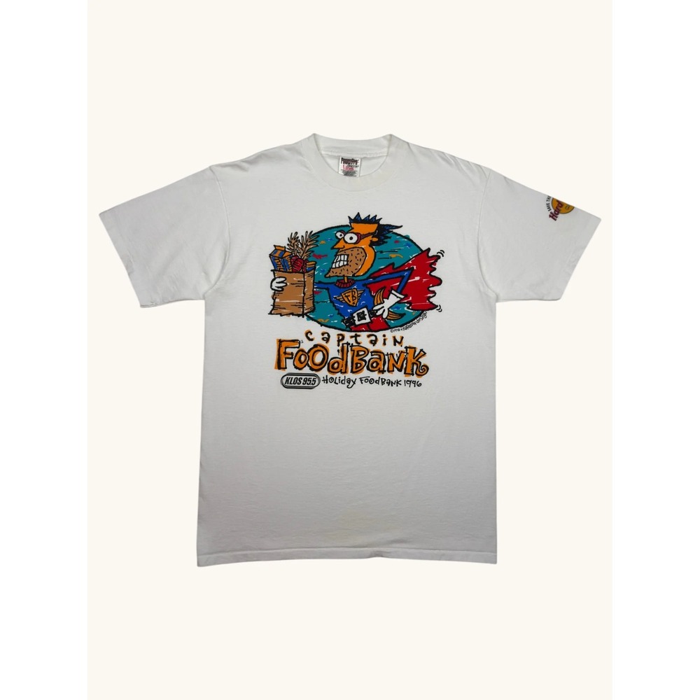 Vintage 1996 Captain Food Bank KLOS 95.5 Hard Rock Cafe T-Shirt Mens Large White